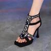 French Sequined Fashion Sandals Women's 2025 Summer New Waterproof Table Square Head High Heels Rear Zipper Roman Sandals