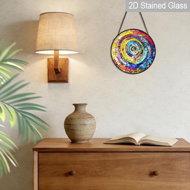 2D Flat Stained Glass Rainbow Spiral Window Decoration, 6.3/7.87inches Colored Glass Plate with Chain, Charming Indoor/Outdoor Sun Catcher Home