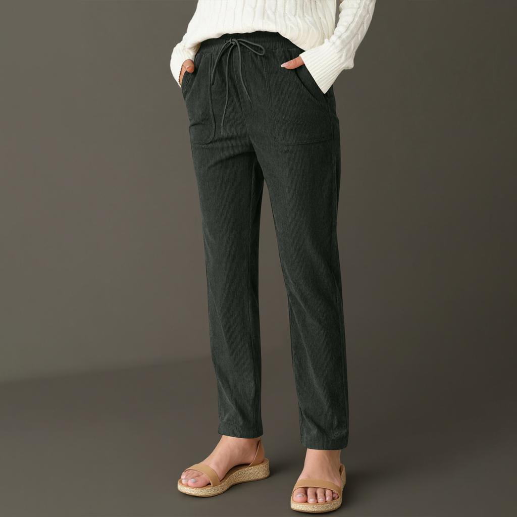 Corduroy Pants For Women Casual Drawstring Elastic High Waist Straight Leg Pants Loose Comfy Trousers With Pockets