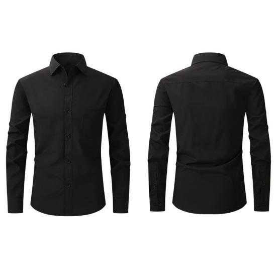 Men Spring Fall Dress Shirt Turn-down Collar Slim Fit Stretchy Single-breasted Long Sleeves Pure Color Mid Length Formal Business Event Office Top