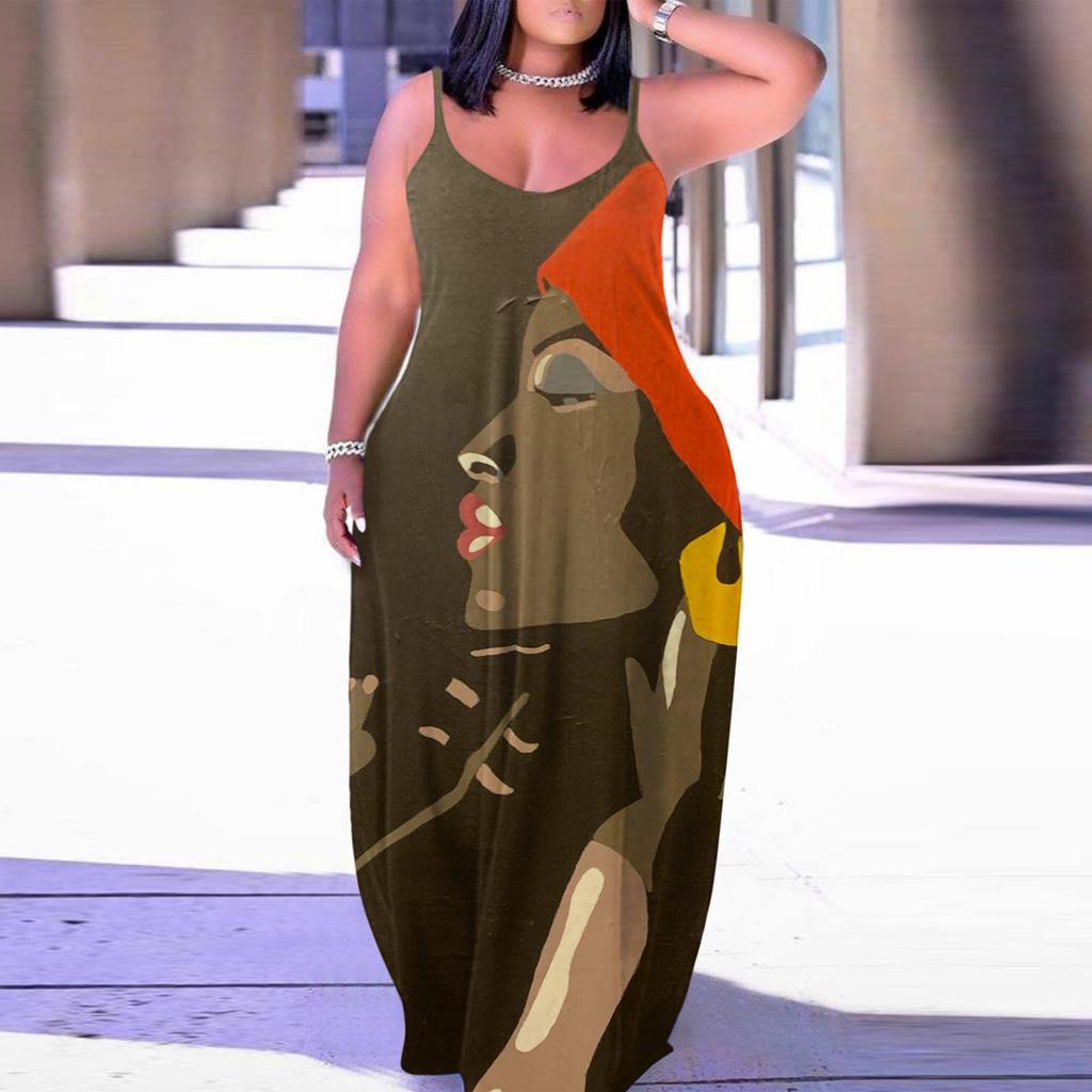 Женские модные летние солнцезащитные платья Длинные спагетти с регулируемым ремешком без рукавов с цветочным принтом Повседневное длинное платье макси для женщин с карманами