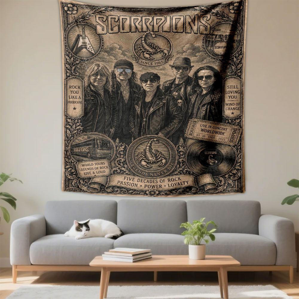 Vintage-style portrait of a rock band with scorpion motifs and text. Patterned tapestry for bedroom and living room home decor