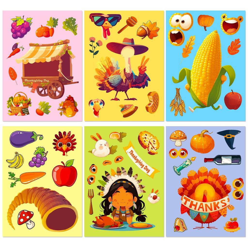 6 Наклеек-пазлов на День Благодарения, Осенний урожай, Празднование, Сделай сам, Наклейки для изменения лица, Детский справочник