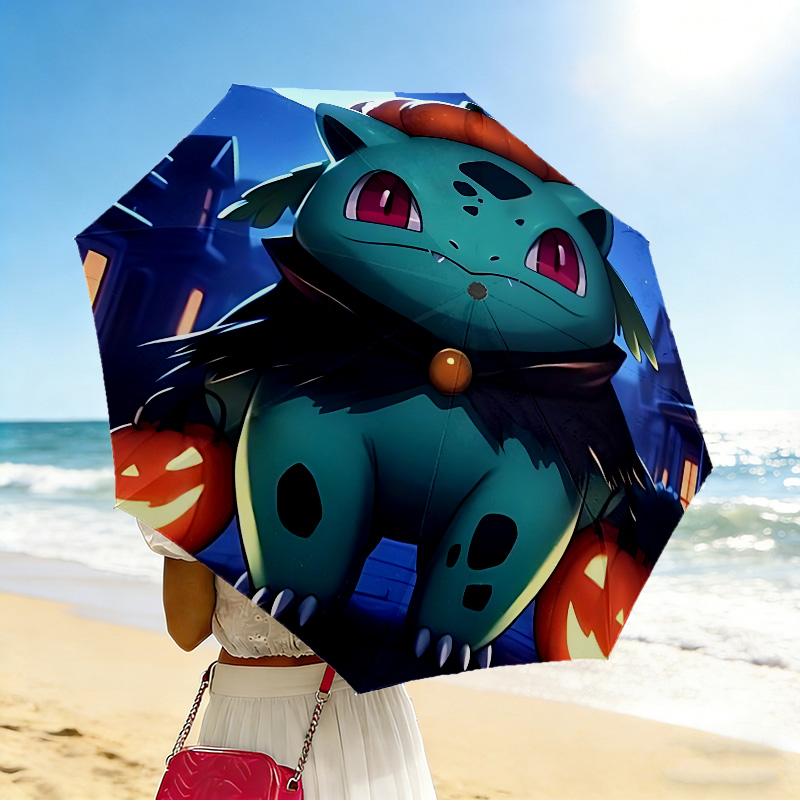 Halloween Bulbasaur 8 Ribs 3Fold Black Glue Uv Protection Umbrella Sun Protection Rainproof Compact Folding Umbrella For Travel Daily Use C923657