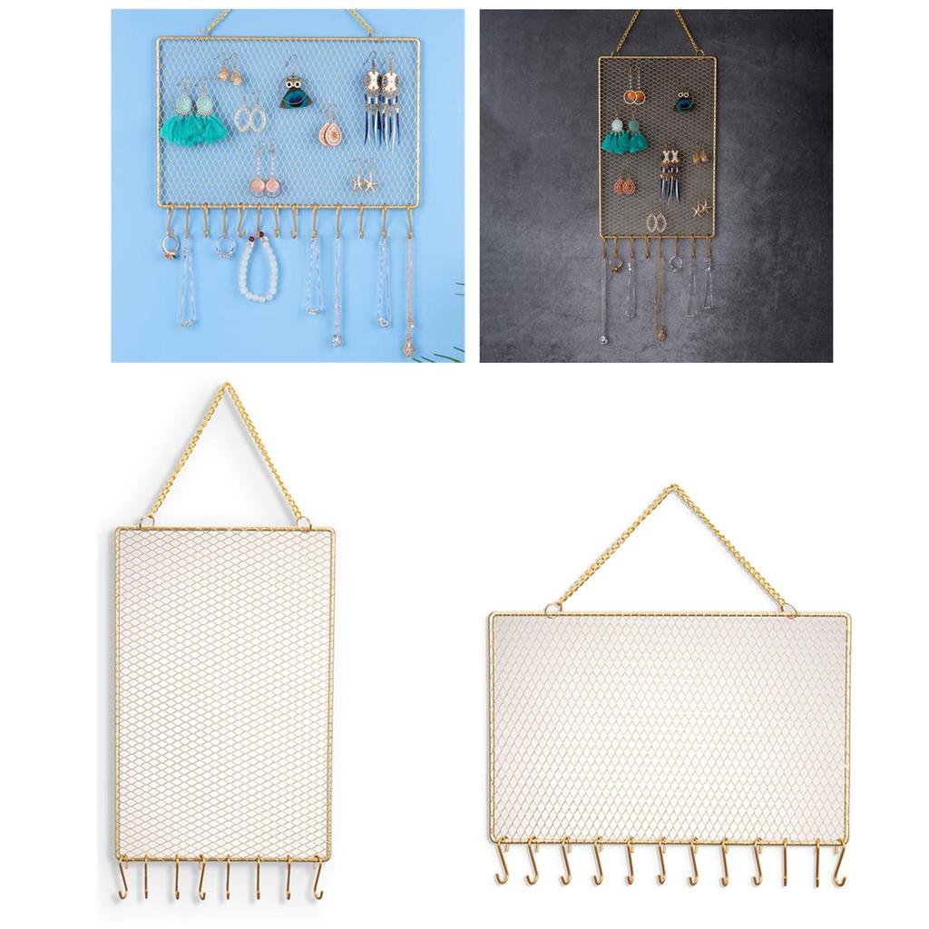 Jewelry Organizer Metal W/ Hooks Storage Rectangle Necklace Earring Diamond Display Rack Wall Mounted Holder for Women