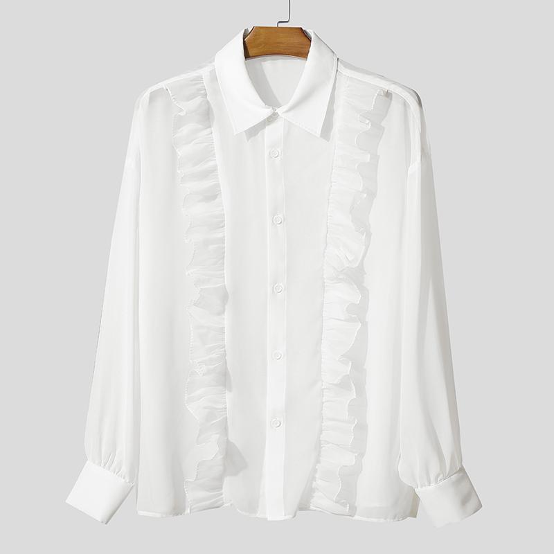 INCERUN Мужские рубашки оверсайз с лацканами, длинными рукавами, рюшами, прозрачные, для вечеринок, клубов, свободного кроя