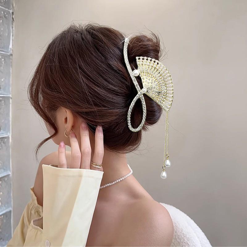 Large Hair Claw Clip With Tassel Decor Vintage Chinese Style Alloy Accessory Women Elegant Updo Holder