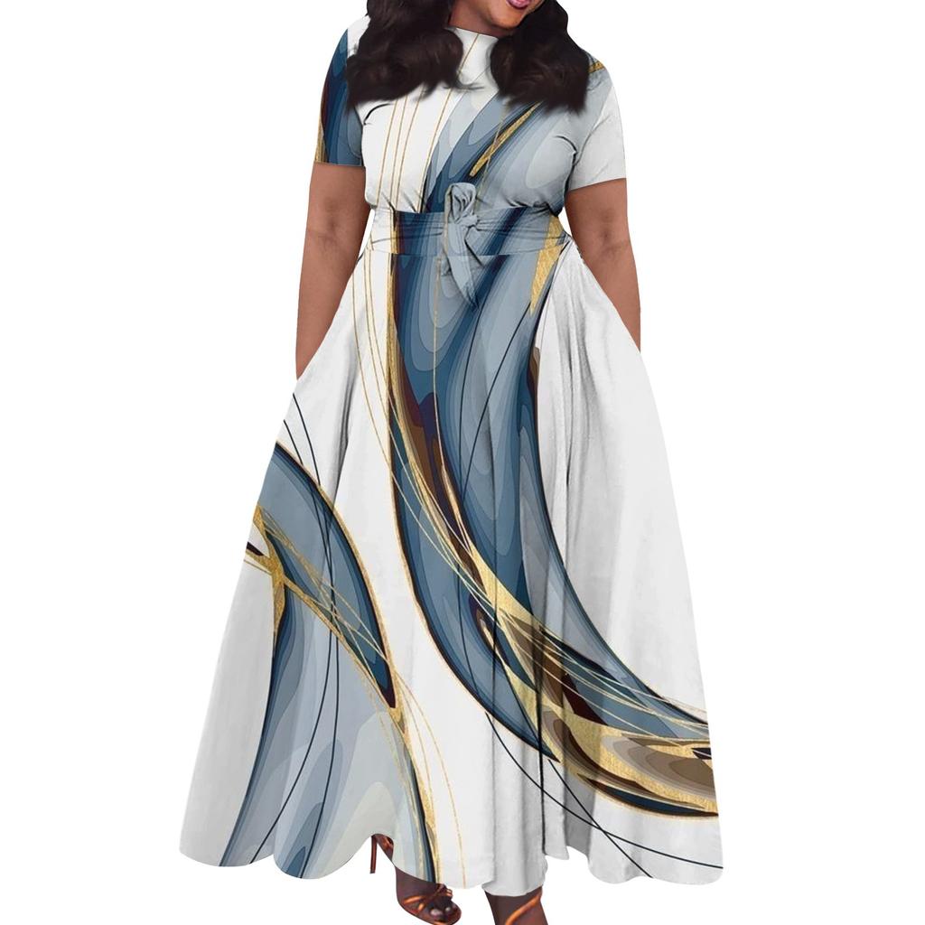 Women's Casual Fashion Large Size Print Round Neck Short Sleeve Pocket Straps Swing Dress