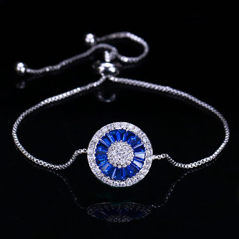WWJ Adjustable Size Fashion Round Royal Blue Cubic Zirconia Charm Bracelets Bangles for Women