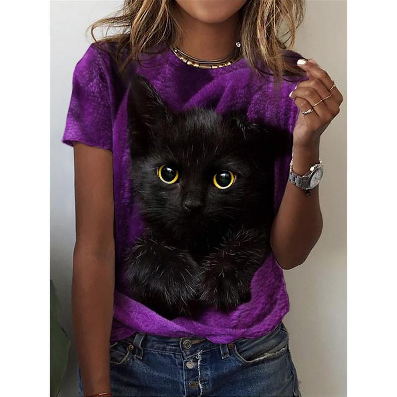 Милая футболка с рисунком собаки и кошки для женщин Футболки с 3D-принтом в виде животных Летние свободные футболки с короткими рукавами и круглым вырезом Топы в уличном стиле