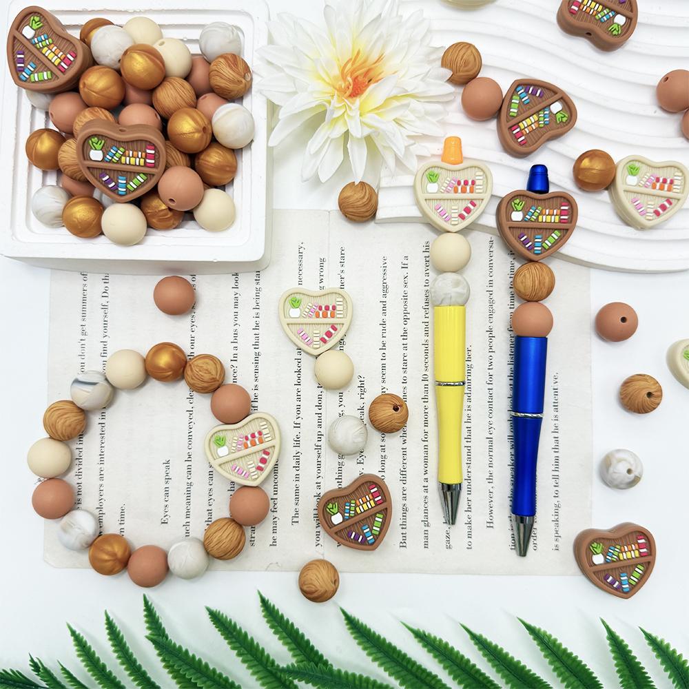34Pcs Heart-Shaped Bookshelf Silicone Bead Set DIY Beaded Necklace Bracelet Decoration Pen Jewelry Pendant Etc. Holiday Birthday Gift