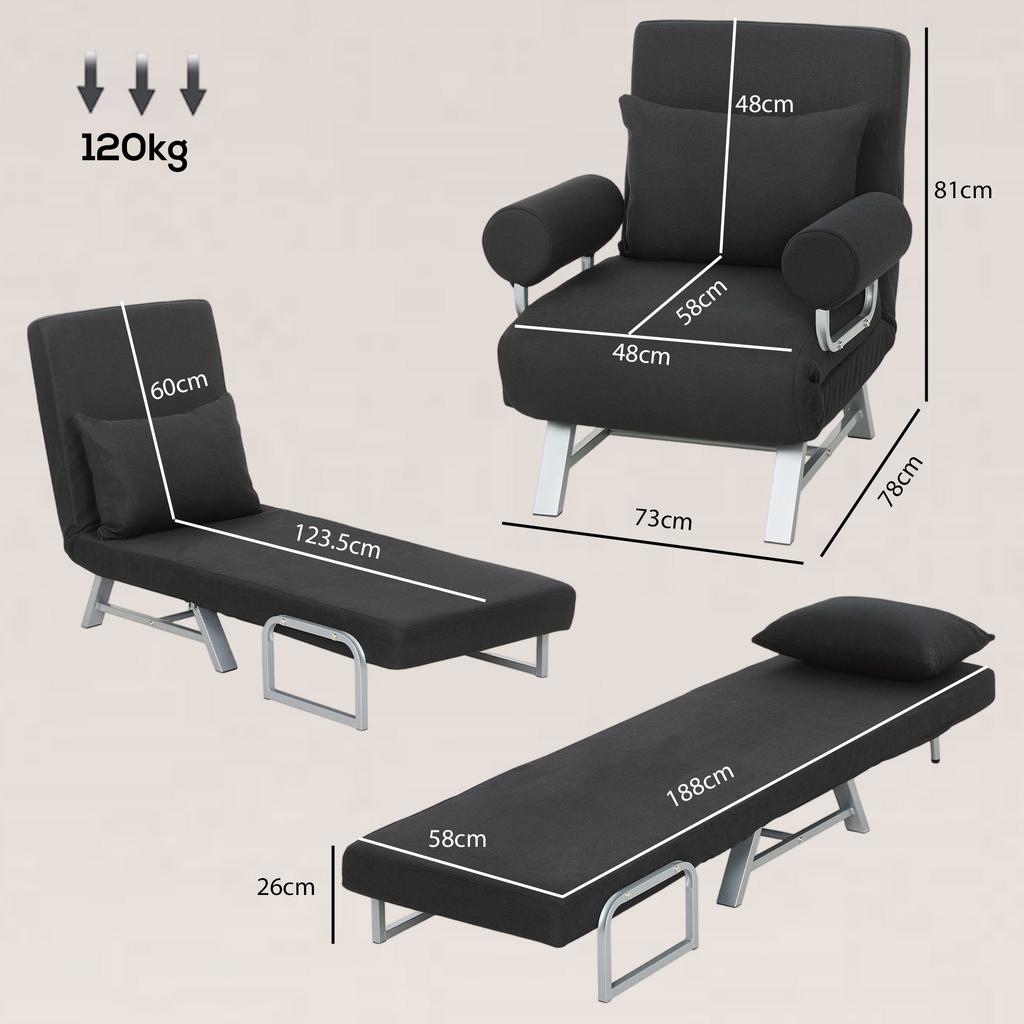 Single Sofa Bed, 3-in-1 Convertible Folding Chair Bed with Adjustable Backrest, Removable Armrests, Black