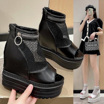 Модные корейские модные сандалии-гладиаторы женские из сетки большого размера, повседневные, на толстой подошве, с молнией сзади и открытым носком.