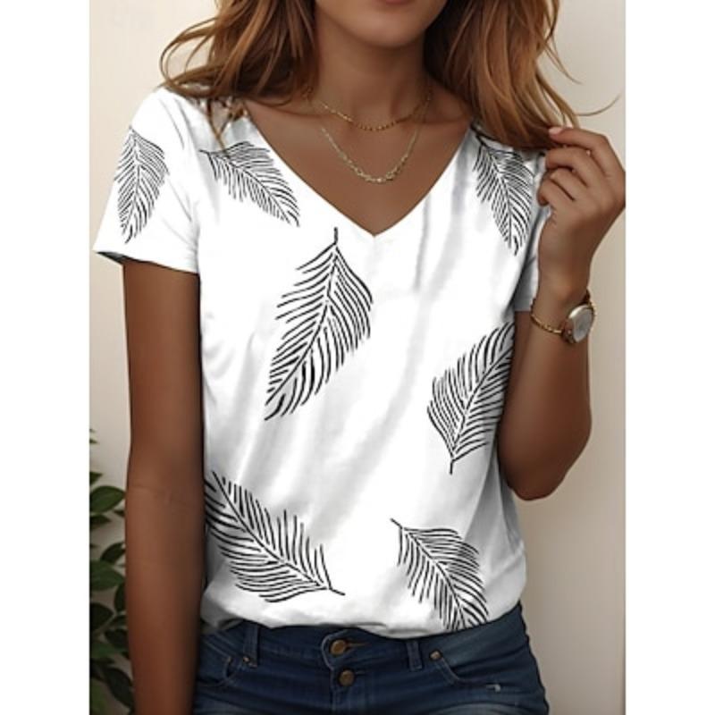 Женская футболка с цветочным принтом и растениями, повседневная, с коротким рукавом, с V-образным вырезом, обычная, на каждый день, на выход, на выходные, с принтом, лето-весна
