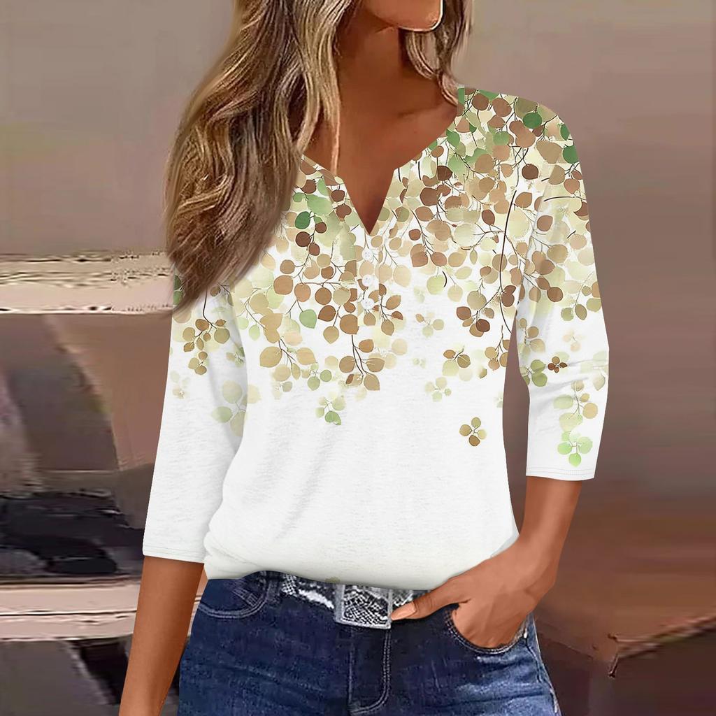 Women's Fashion Casual Floral Print V-Neck Decorative Button Three-quarter Sleeve T-Shirt Top