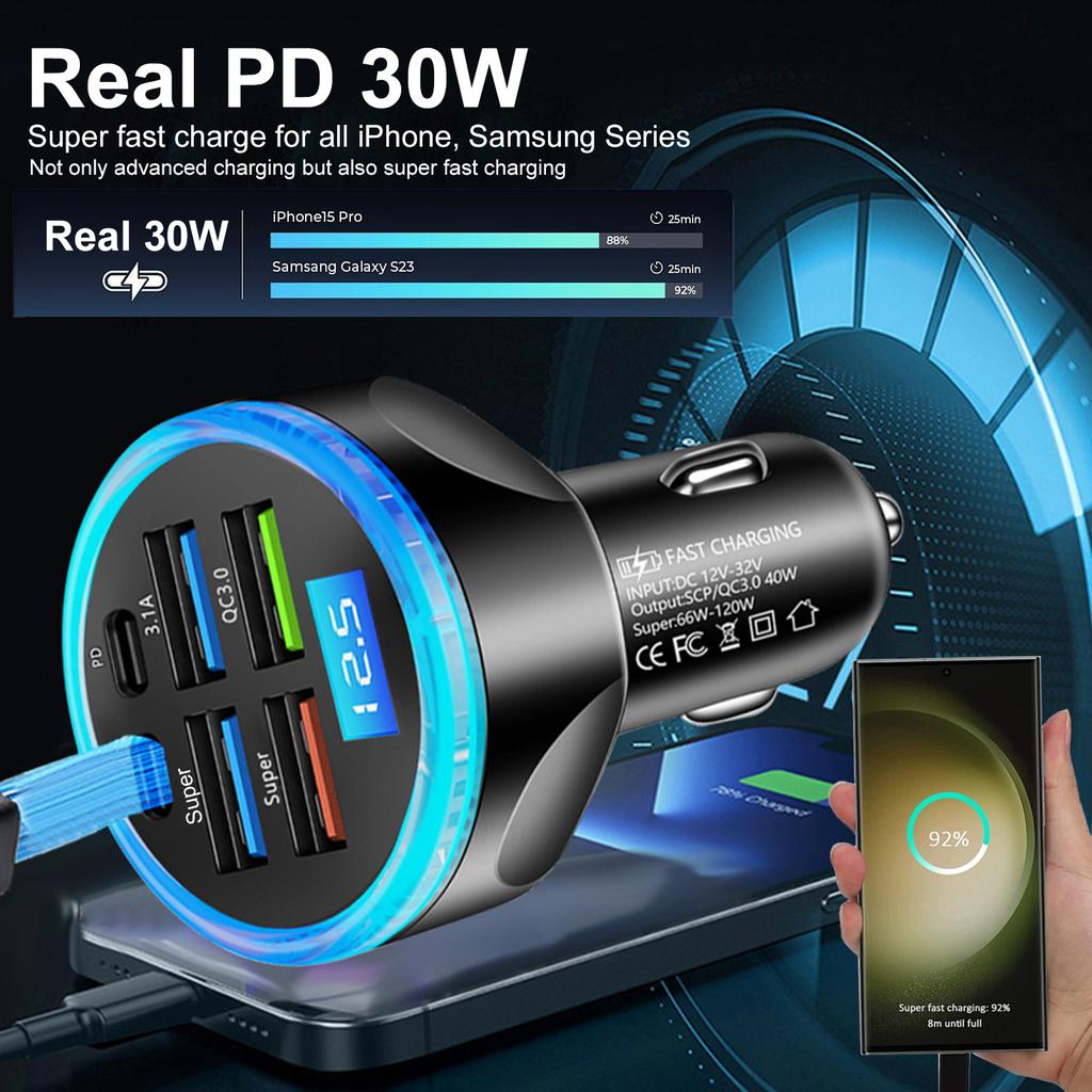 UYUXIO USB C Car Charger Adapter with Voltage Display 6 in 1 Multi Port Super Fast Charge with Volt Meter for iPhone Samsung