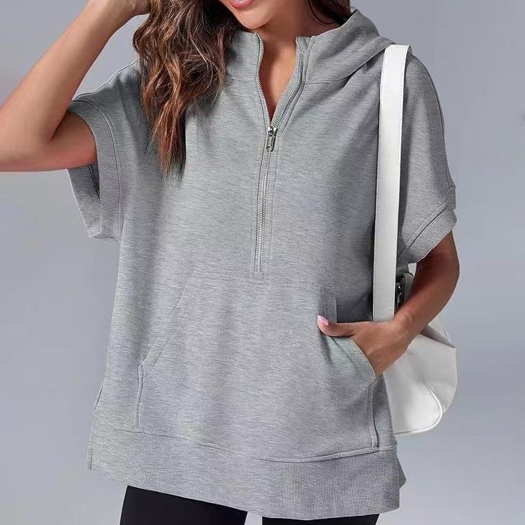 Весенняя женская однотонная модная повседневная толстовка с капюшоном и коротким рукавом