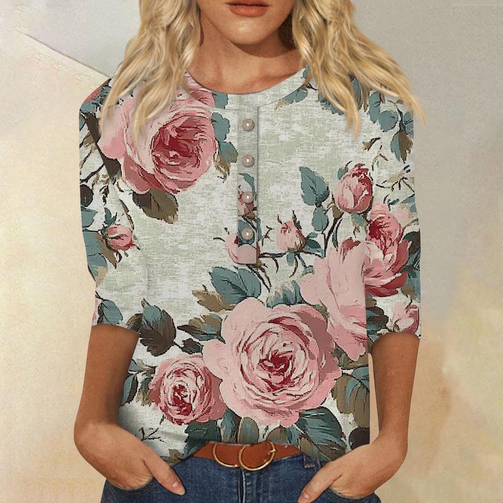 Женская мода повседневная 3/4 рукава цветочный принт пуловер круглый вырез топ повседневная одежда