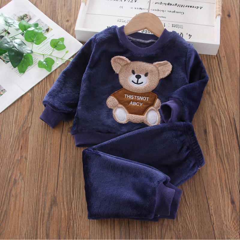 Children's Autumn and Winter Pajamas with Cartoon Bear Flannel Set of Home Clothes