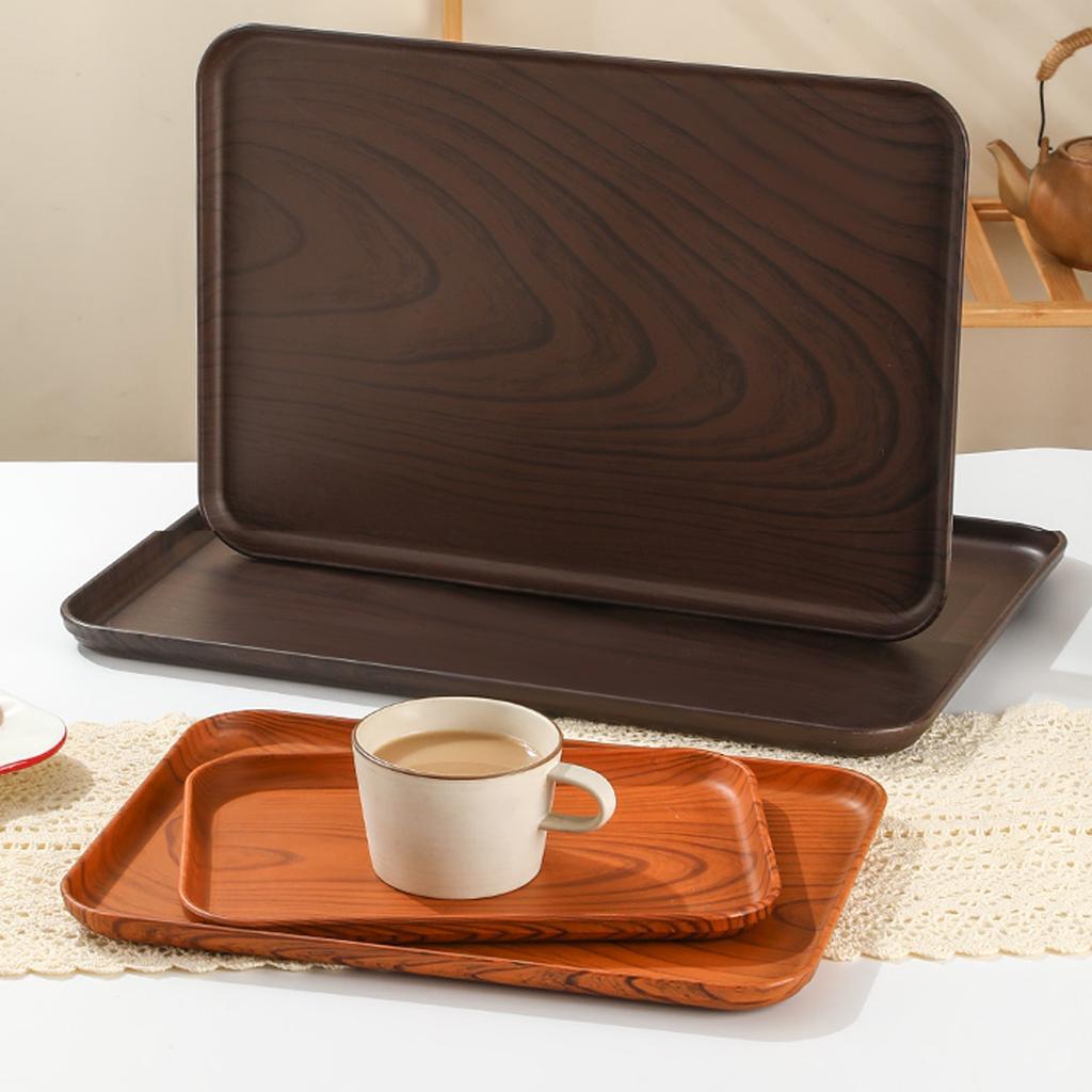 Wood Grain Plastic Food Serving Tray Stackable Dessert Fruit Tray Tea Tray Large Capacity Storage Tray Kitchen Stoage Organizer