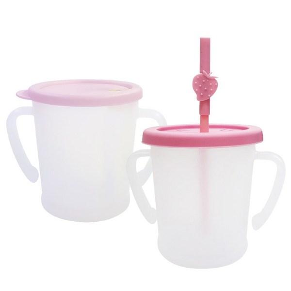 Agafura New Magic Straw Cup for Infants 300ml + Magic Straw Cup S 300ml Set, Pink, 1 Set