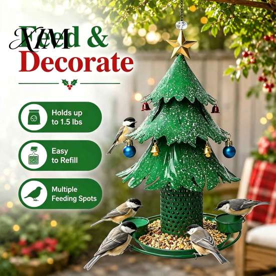 Wild Bird Feeder with Drinking Cups Christmas Tree for Outdoor, Metal Hanging 2 Durable Garden Water Cups, Green Xmas Seeds Tray Patio Outside