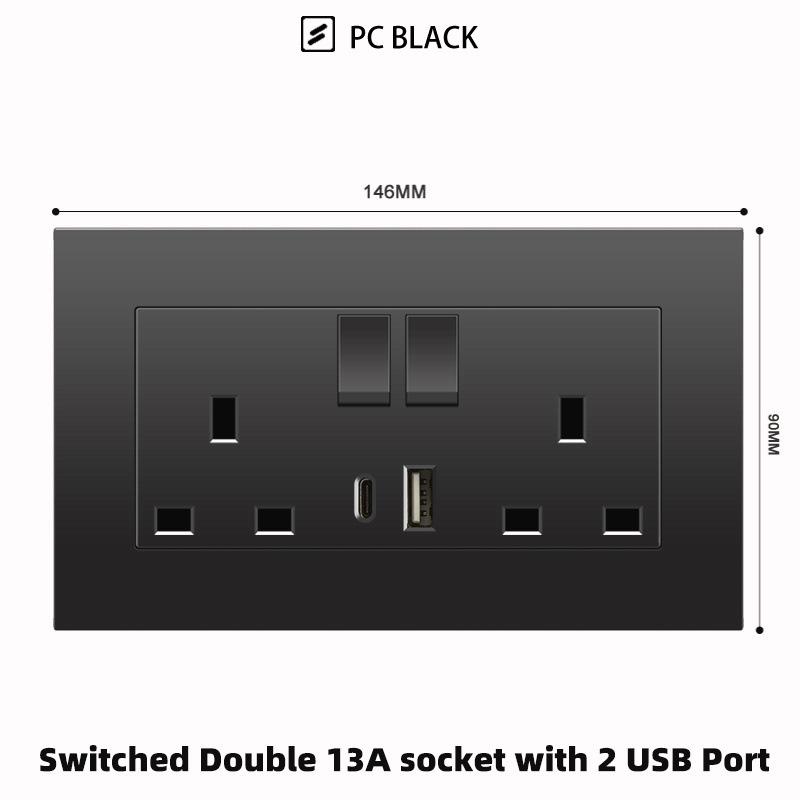Британская розетка 13А с быстрой зарядкой USB-C, версия для Гонконга и Макао, черная, квадратная, 3 отверстия, панель 86