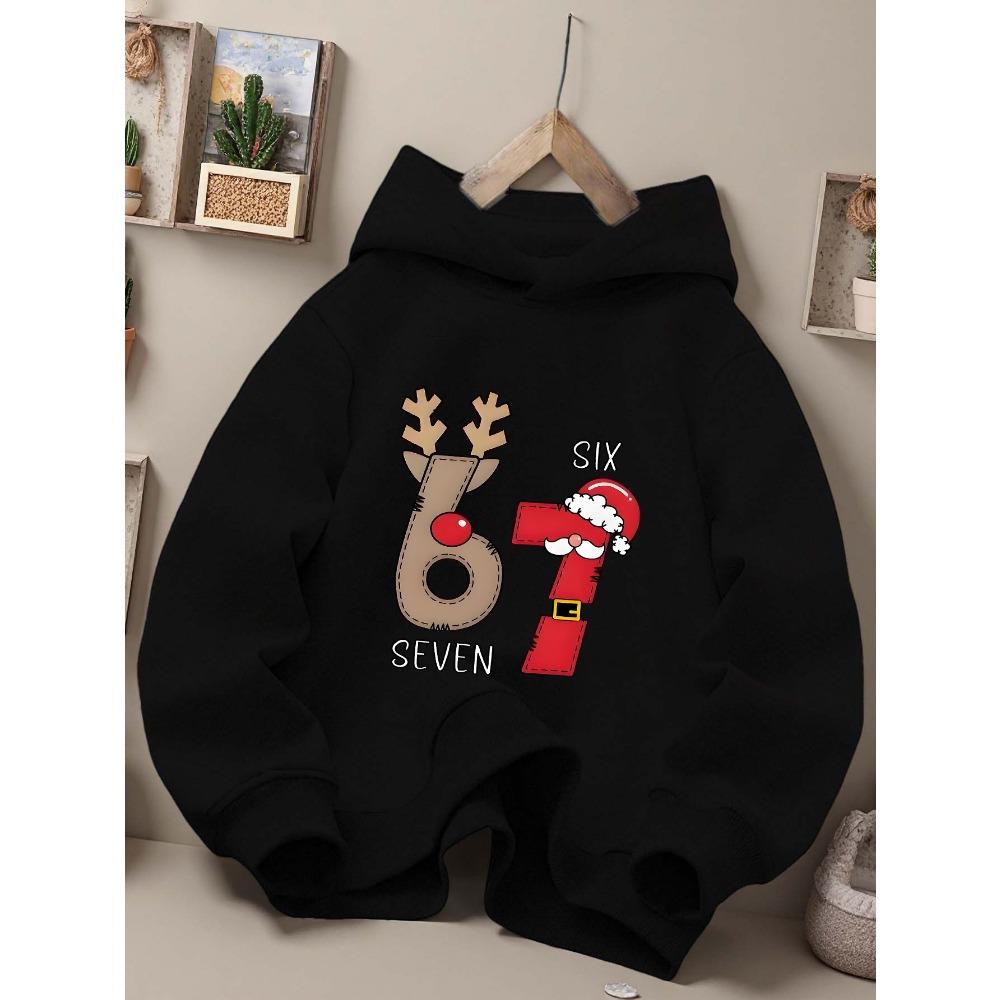 Christmas Reindeer Santa Claus Number 67 Cartoon Print Children's Hoodie Black Holiday Style Boys and Girls Casual Top