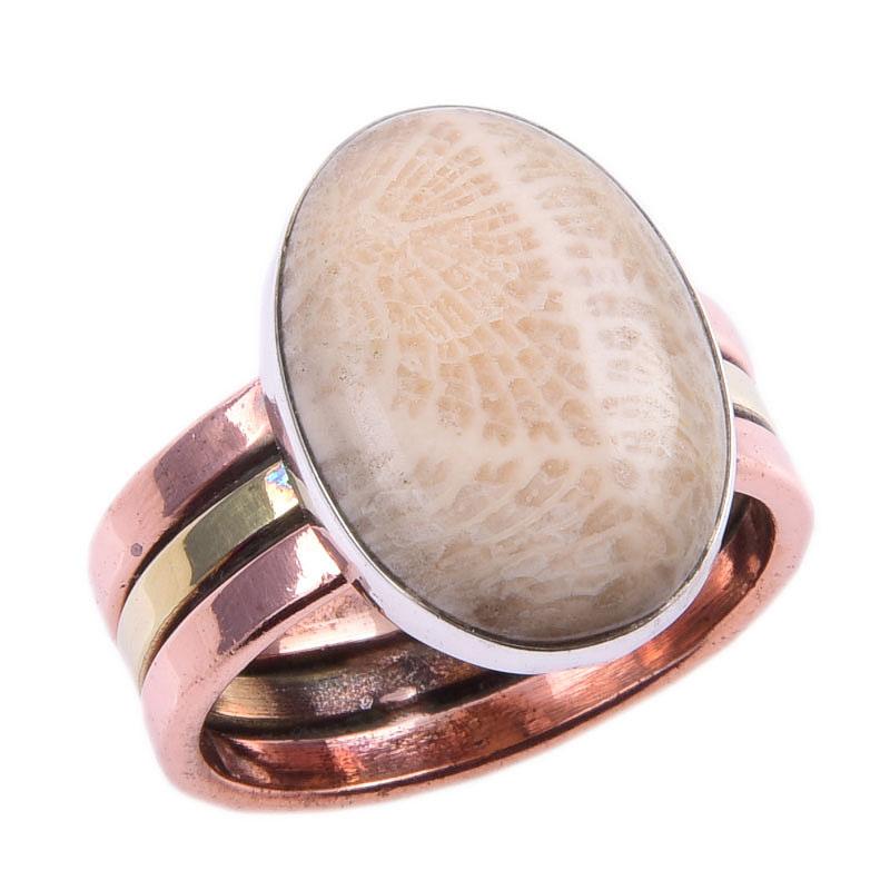 Двухцветное кольцо из натурального ископаемого коралла из стерлингового серебра 925 пробы, размер 7,5 v9V71