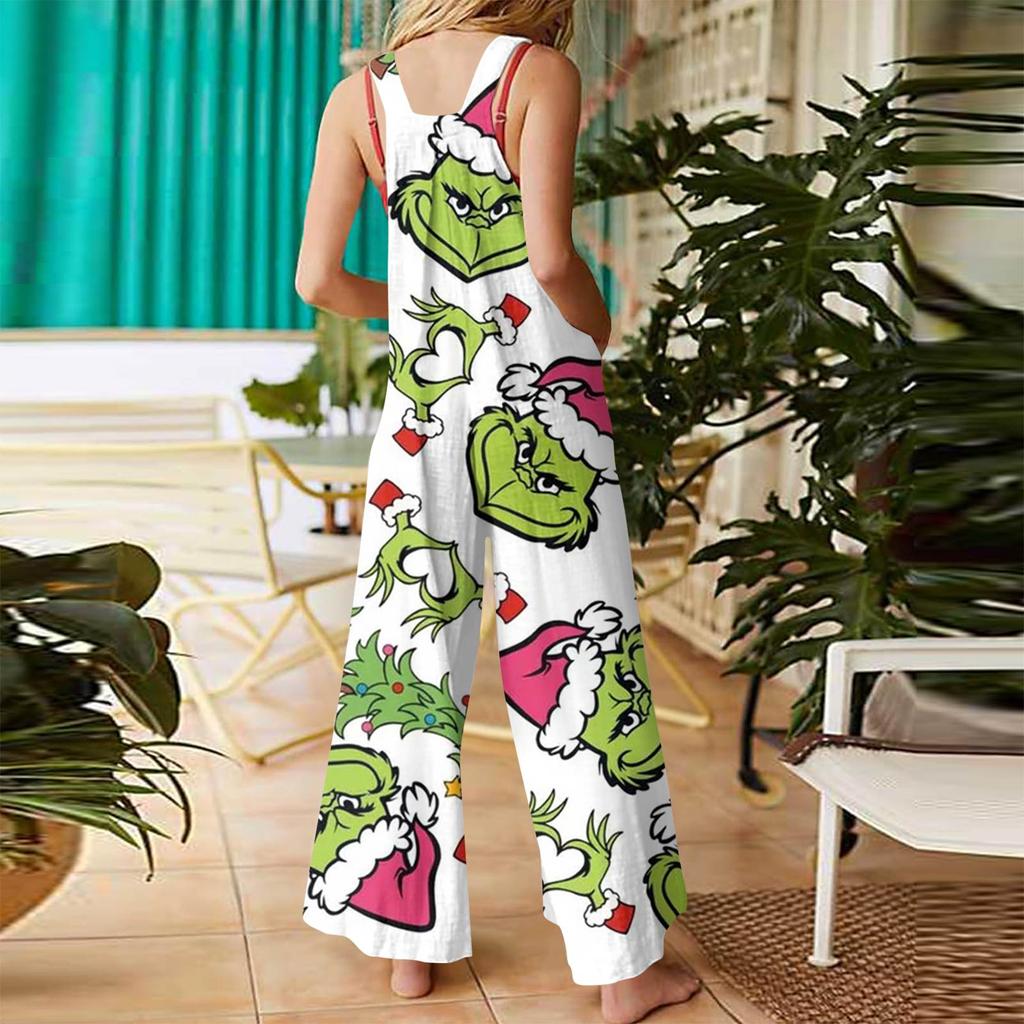 Women's Fashion Christmas Print Casual Retro Sleeveless Button Jumpsuit