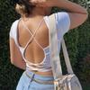 Open Back Crop Tops Summer Women Bandage Lace-up Backless Solid Pullover T Shirt Slim Tee