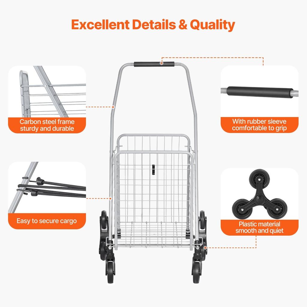 Stair Climbing Cart Foldable Shopping Cart 45L with Stair Climbing Wheels