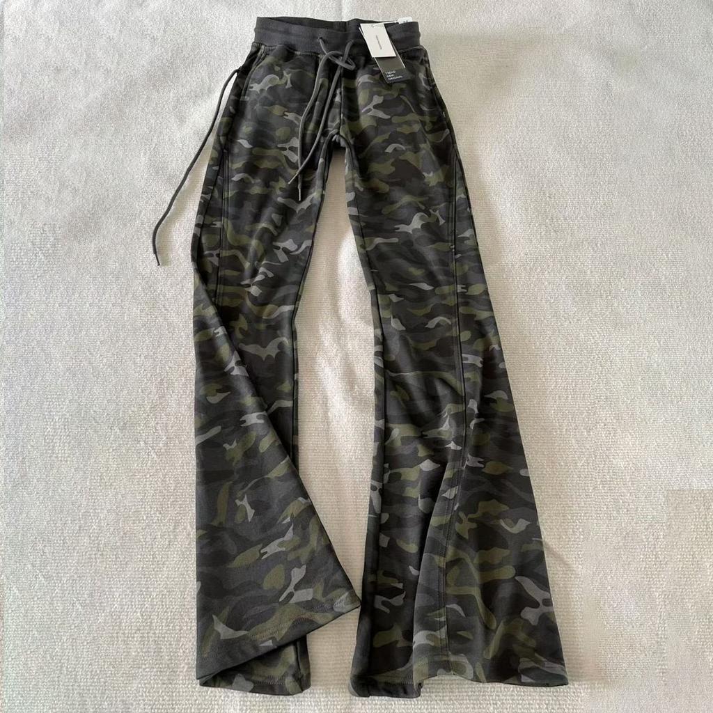 Plus Size Vintage Distressed Camo Drawstring Joggers for Women - Fall Slimming Fleece-Lined Low-Waist Micro-Flare Casual Pants