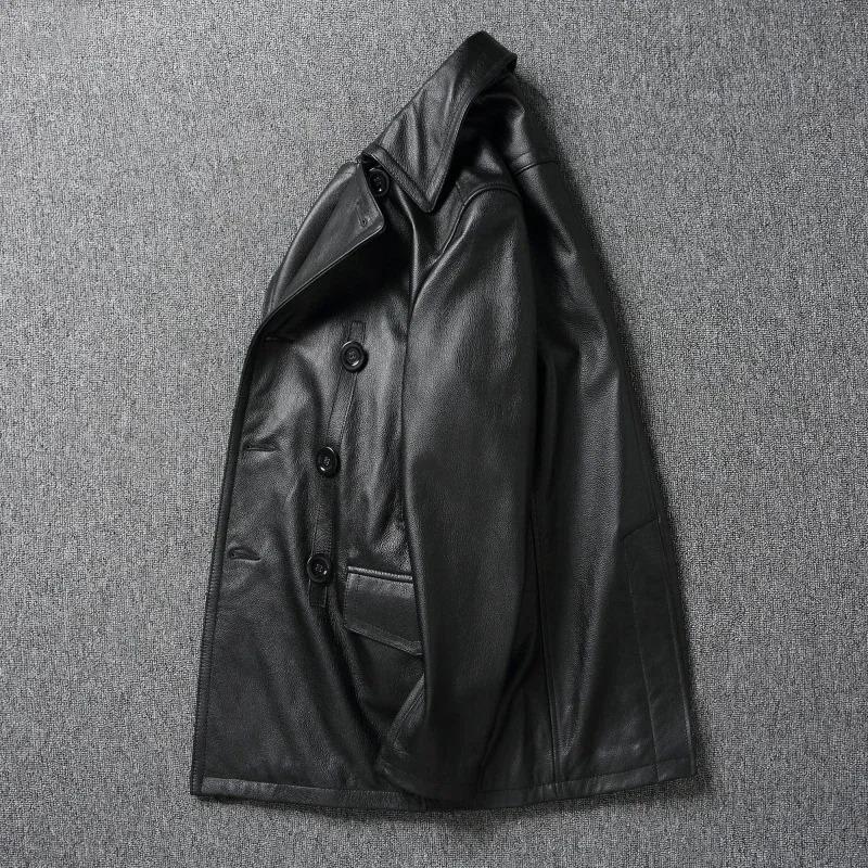 Chinese Size Long Men Leather Coat Genuine Soft Cow Leather Classic Double Breasted Turn Down Collar Leather Jackets For Men Clothing Autumn