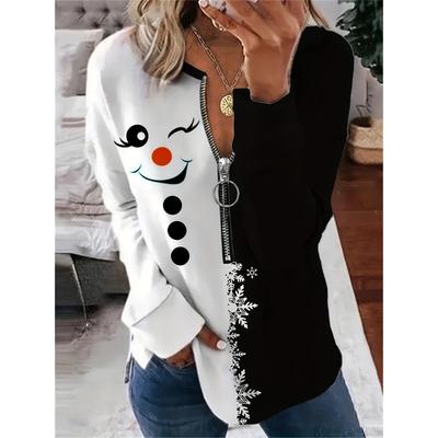 Большой размер, Женский большой размер Рождественский свитшот на молнии со снеговиком - Двухцветный черный и уютный пуловер для праздничных вечеринок, Зимние наряды