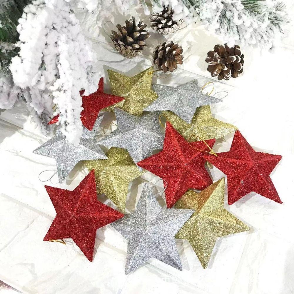 6Pcs/set Five-pointed Star Pentagram Christmas Pendant Glitter Glitter Christmas Pendant  Festive