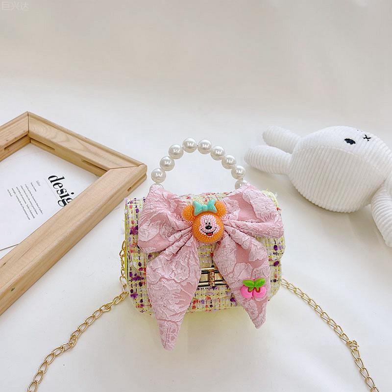 Fashionable Mini Children's Cotton And Linen Bag With Cute Rabbit And Pearl Accessories