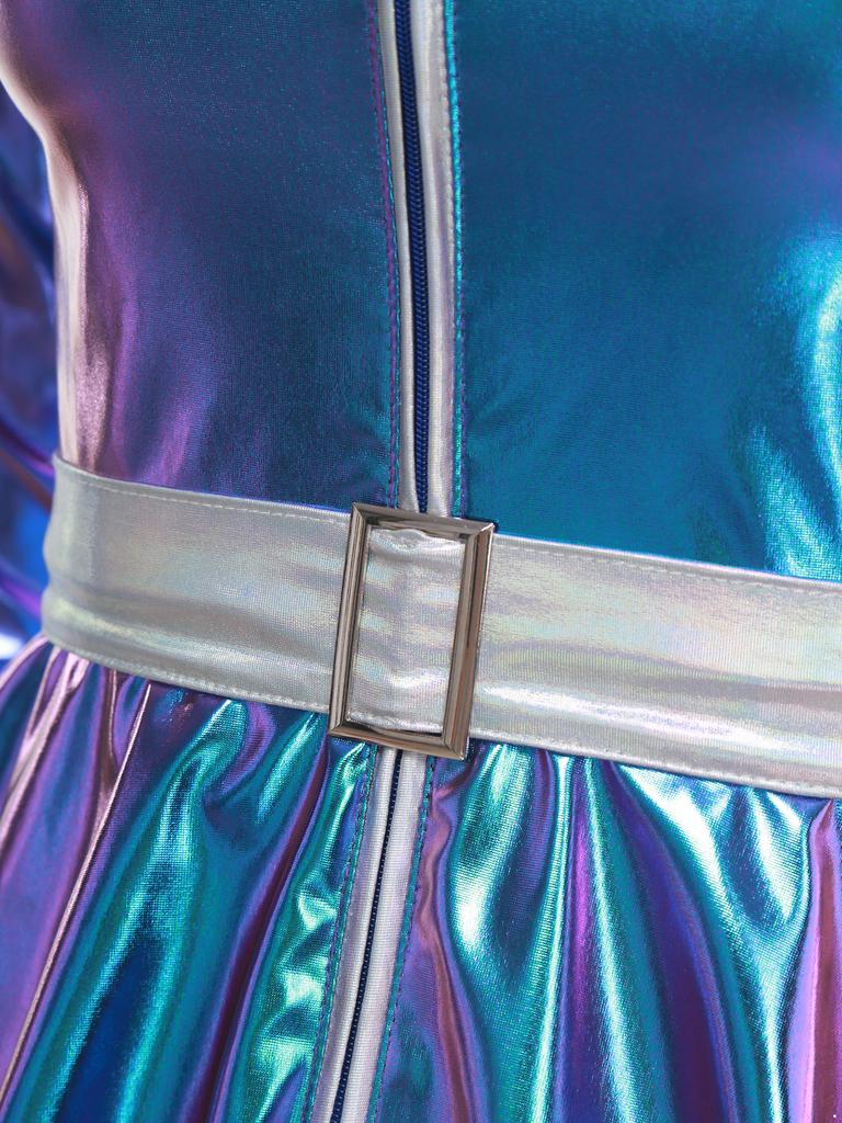 Женский костюм инопланетного робота на Хэллоуин, металлизированное блестящее платье А-силуэта с длинным рукавом и передней молнией, с поясом