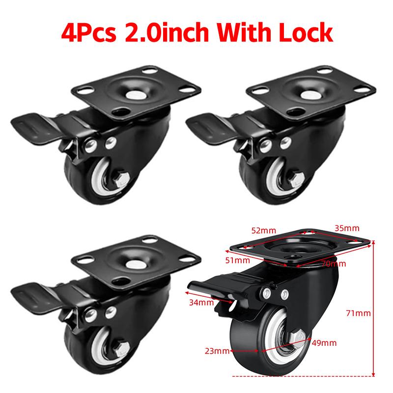 4 шт. Бесшумные колеса с двойными роликами, Двойные шариковые подшипники, Черные поворотные с тормозом, Колеса для тележки 1,5" - 2"