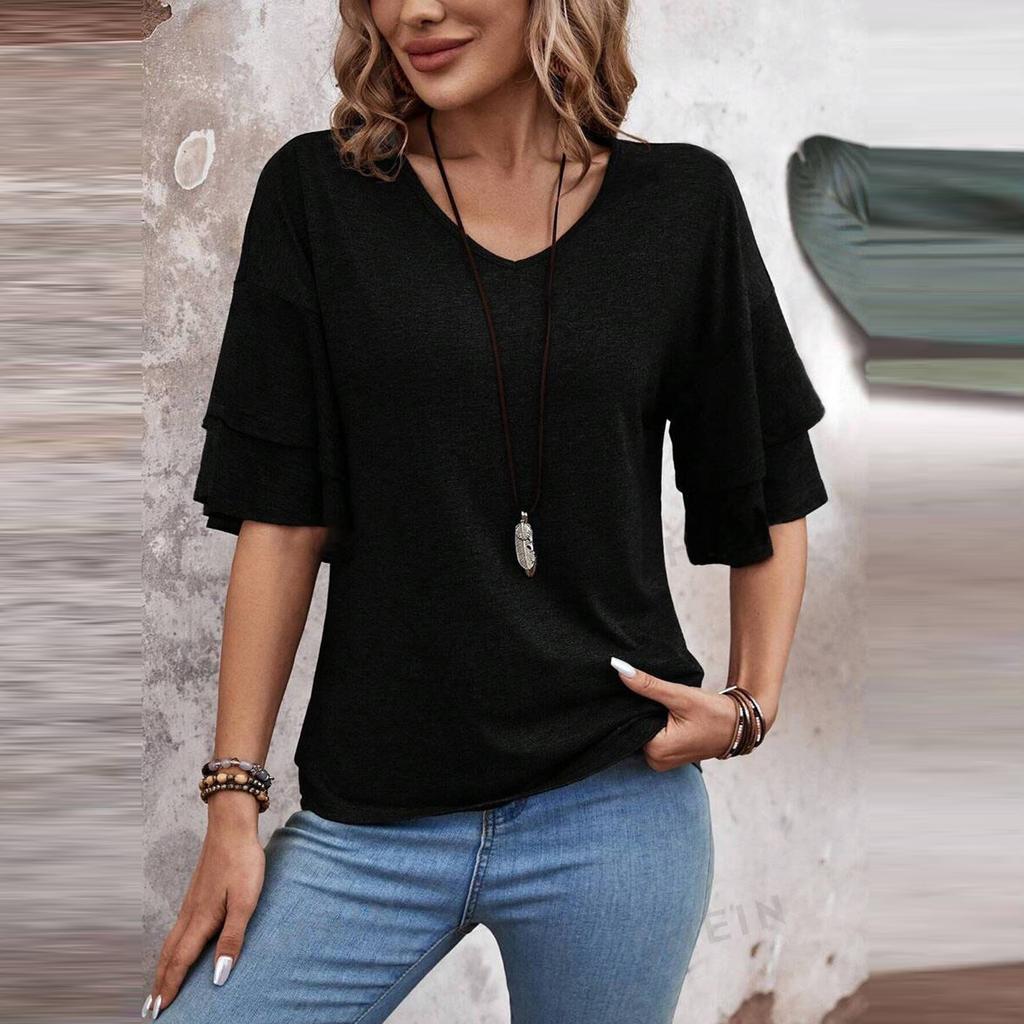 Модная и сексуальная женская двухслойная футболка с короткими рукавами и рюшами