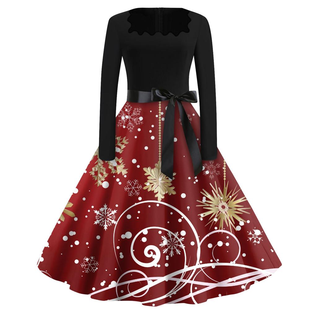 Women's Fashion Square Neck Casual Slim Christmas Printed Long Sleeve Dresses