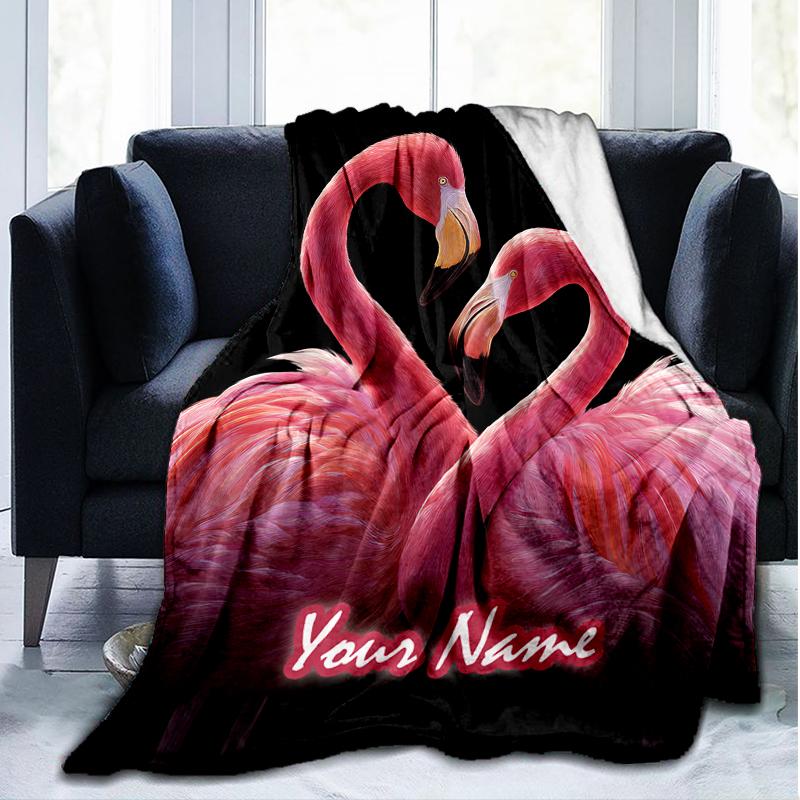 1PC Custom Name Pink Flamingo Heart outdooor Flannel blankets Patterns Throw Blanket All-Season Soft Gift for Couch, Bed, Camping gifts