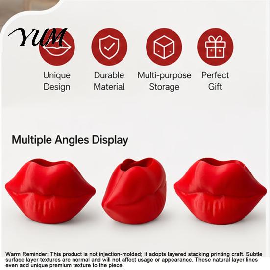 Cute Makeup Pencil Cup Lip Shaped Storage Holder, 3D Printed Red Sculpture Vase, Artistic Stylish Fashion Store Display Desktop Organizer for Brushes