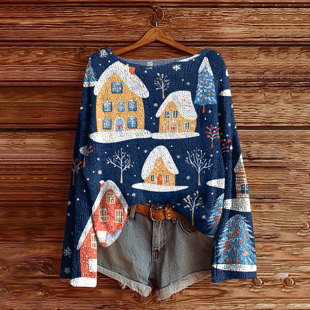 Women's Christmas Print Lightweight Sweater Casual Long Sleeve Knitted Pullover