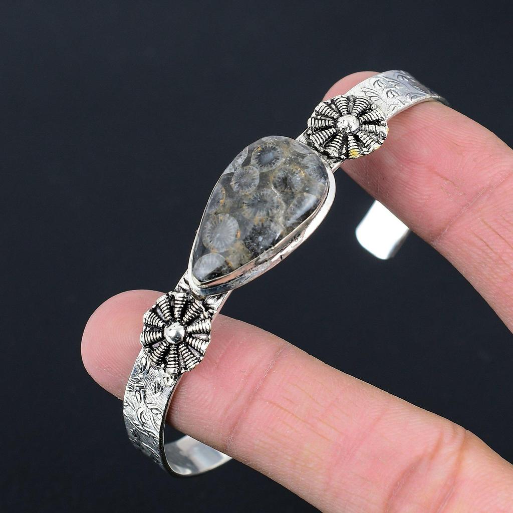 Natural Black Fossil Coral Gemstone 925 Silver Bangle Adjustable For Women