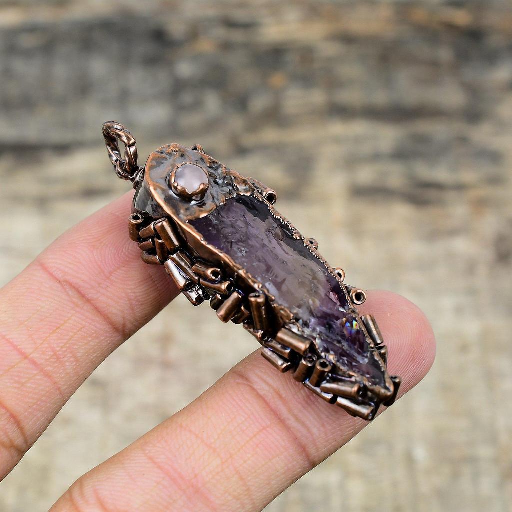 African Amethyst Rough Pendant Electroformed Copper Pendant Rose Quartz Pendant Handmade Gemstone Pendant Electroformed Jewelry Gift For Her