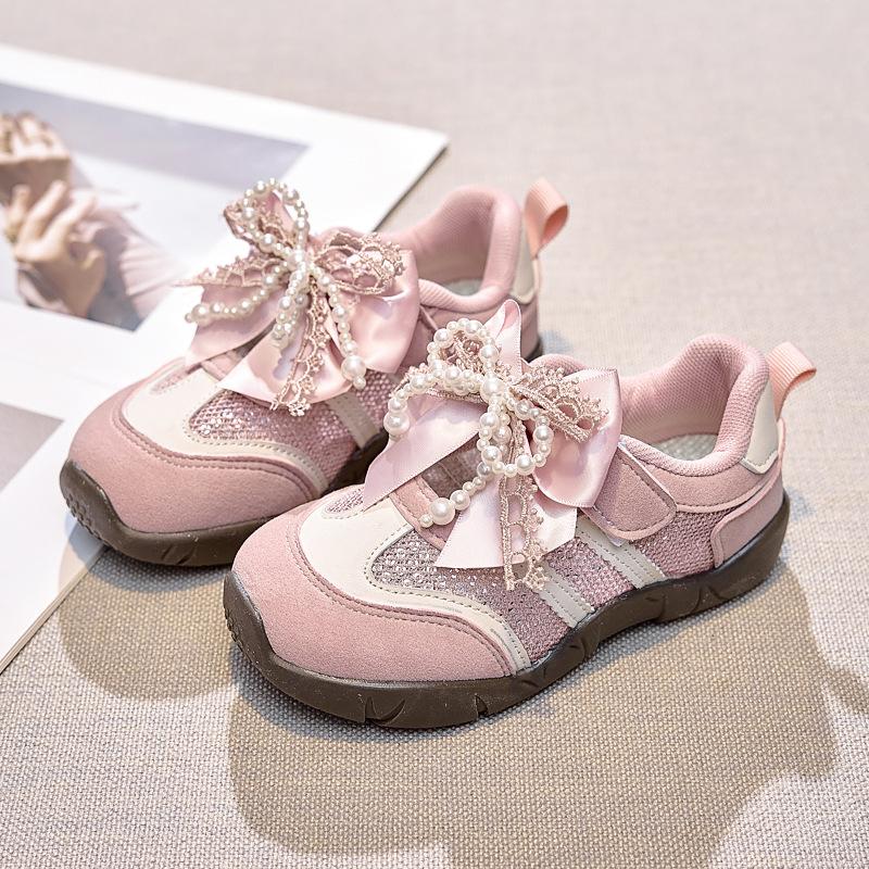 Girls' Sports Shoes 2025 Spring New Bow Pearl Princess Single Shoes Korean Version Children's Casual Breathable Mesh Shoes