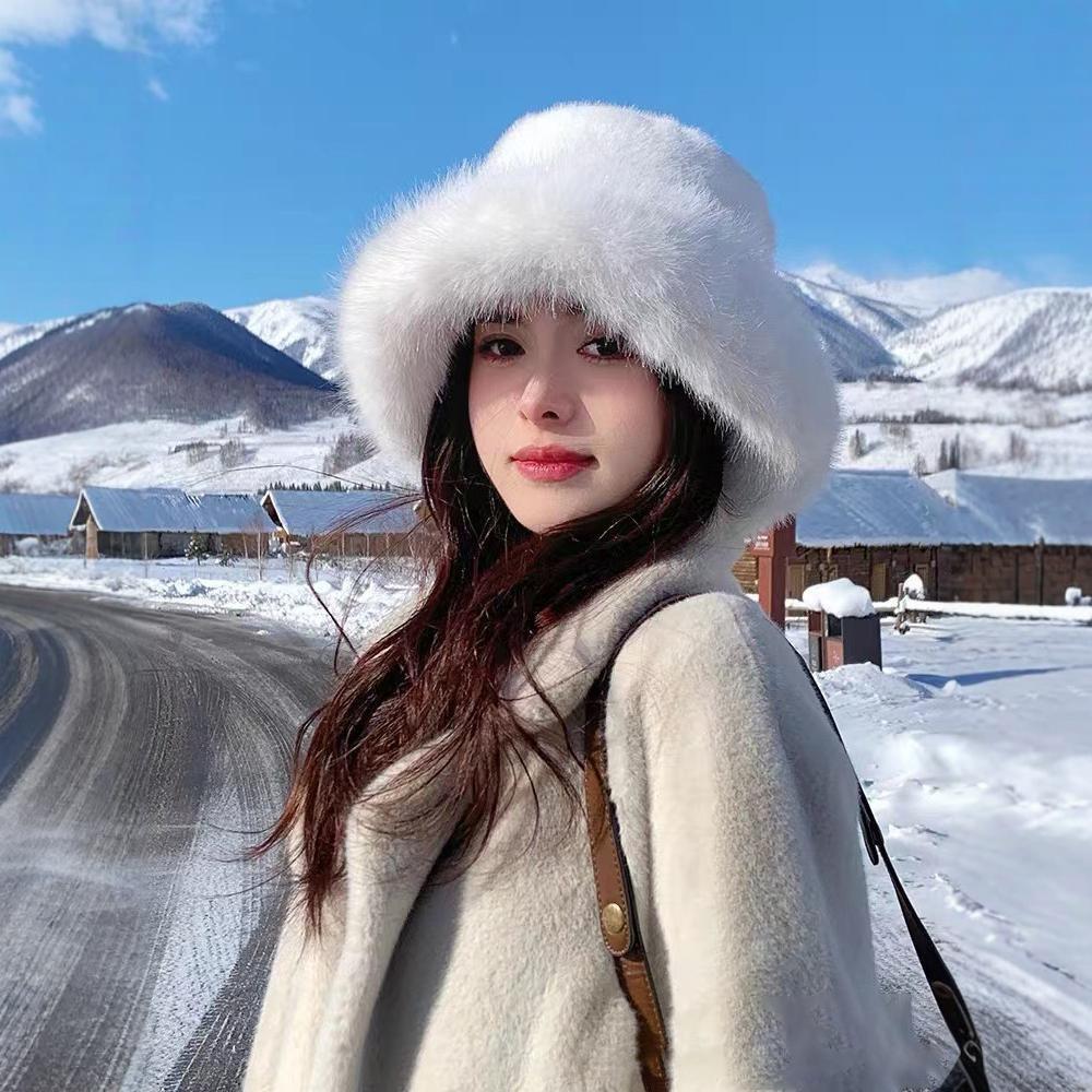 Cold Fluffy Fur Bucket Hat Thicken Plush Fisherman Hat New Berets  Women