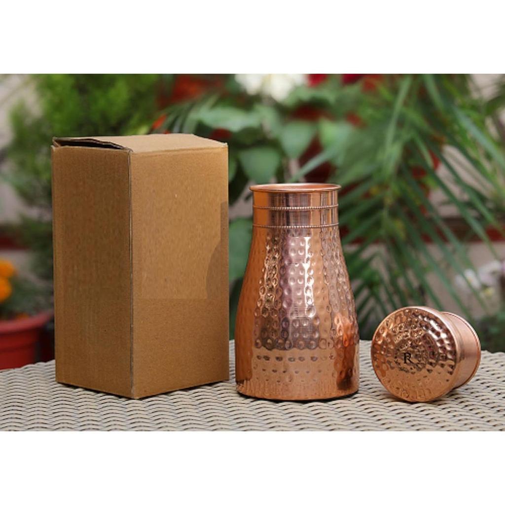 Hammered Copper Water Bottle Jar - 1L | With Inbuit Glass In Lid | Antique Hammered Design