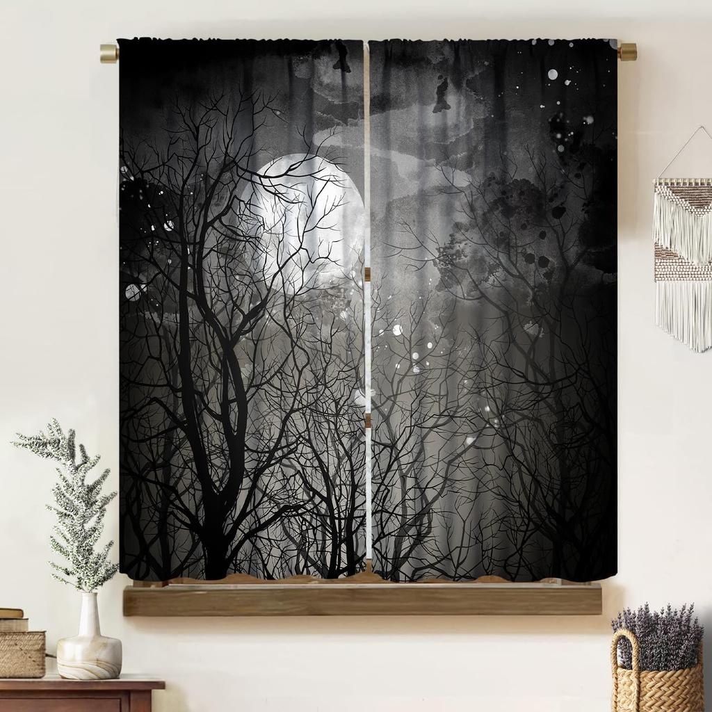 Gothic Dark Misty Forest Curtains, Mysterious Horror Foggy Dim Dead Jungle Under Strange Bright Moon,Thermal Insulation Blackout